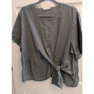 Made in Italy 100% Linen Tie Waist Olive Green Women's Top
